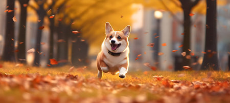 cute welsh corgi dog running in the autumn park.の素材