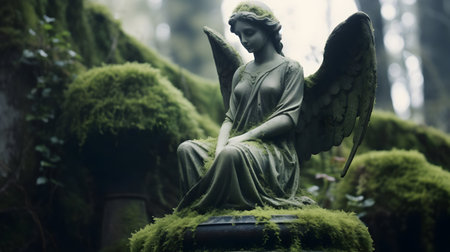 Angel statue in a mossy forest, shallow depth of field.の素材