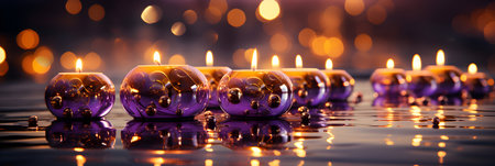 Burning candles with reflection on water surface and bokeh backgroundの素材