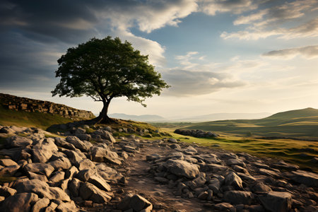 Lonely tree in the middle of a meadow with rocksの素材