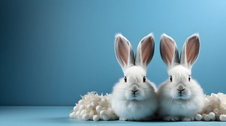 Two Easter bunnies with white cotton balls on blue background.の素材