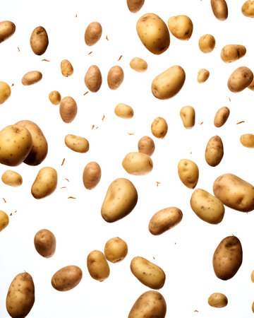 Falling potatoes isolated on white background. Food levitation concept.の素材