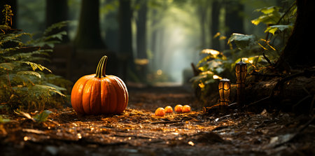 Halloween pumpkin in the forest. Halloween background with copy space.の素材