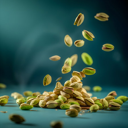 Pistachio nuts falling on blue background. Falling pistachiosの素材