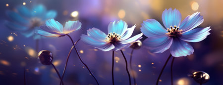 Cosmos flowers on a blue background with bokeh effect.の素材