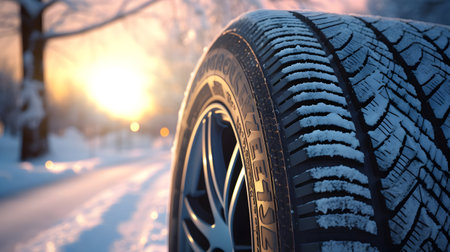 Winter tires on the road in the forest at sunset, close-upの素材