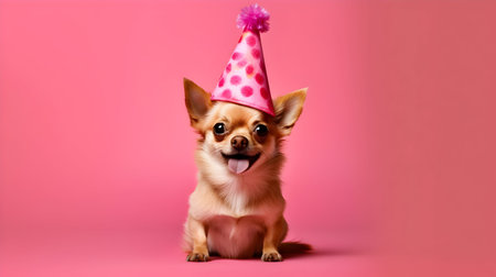 Cute Chihuahua puppy in birthday hat on pink backgroundの素材