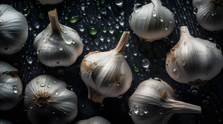 Garlic on a black background with water drops. Close up.の素材