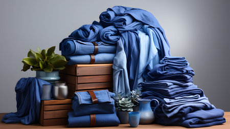 Composition with stack of clothes on table against grey background, closeupの素材
