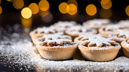 Tartlets with jam and powdered sugar on a black background.の素材