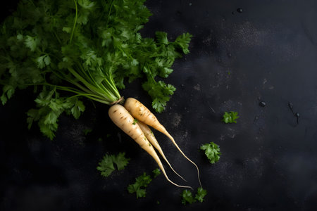 Fresh parsley on a black background, top view, copy spaceの素材