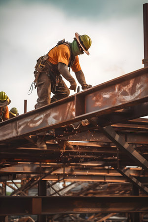 construction worker working on steel structure at construction site. industrial conceptの素材