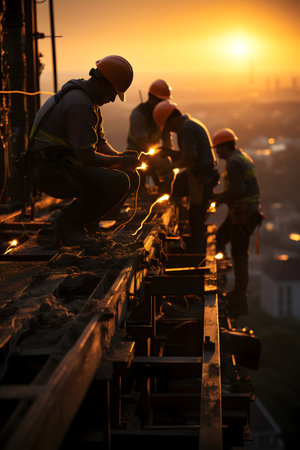Silhouette of workers working on the construction site at sunset.の素材