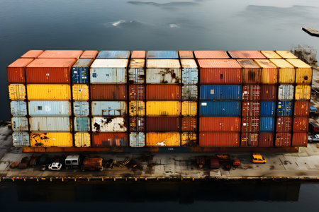 Container Cargo freight ship with working crane bridge for Logistic Import Export backgroundの素材