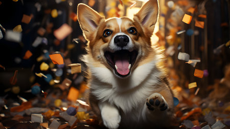 Cute Welsh Corgi Pembroke dog sitting in front of confettiの素材