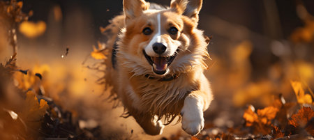 Corgi dog running in the autumn forest. Autumn season.の素材