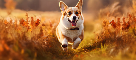 Welsh corgi dog running in autumn field. Beautiful welsh corgi dog outdoors.の素材