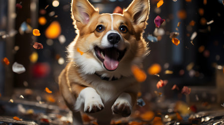 Cute Welsh Corgi Pembroke dog on a background of golden confetti.の素材