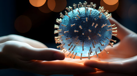 Coronavirus 2019-nCoV. Virus cells in human hand.の素材