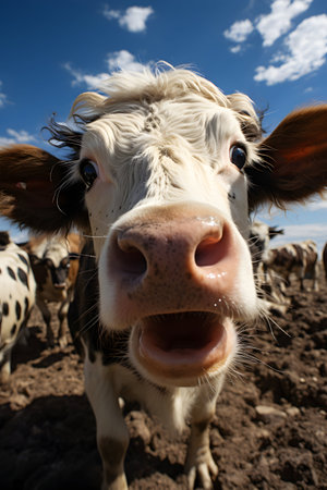 Close-up of a cow's head on a sunny day.の素材