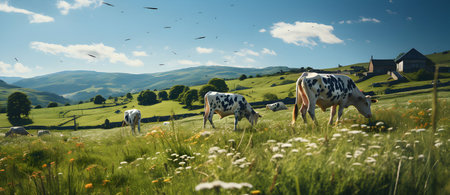Cows grazing on a meadow in the mountains. Rural landscape.の素材