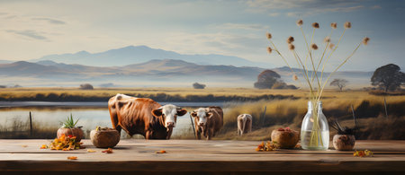 Cow in a vase on a wooden table against the background of the mountainsの素材