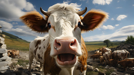 Portrait of a cow on the background of a herd of cowsの素材
