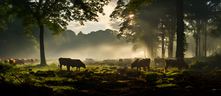 Herd of cows in a misty meadow at sunrise.の素材