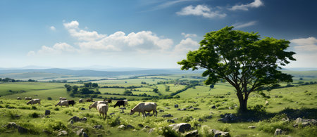 Sheep in the meadow. Panoramic view of the English countrysideの素材