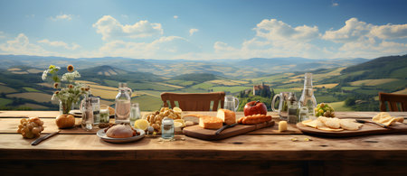 Table with food and wine in Tuscany, Italy. Panoramaの素材