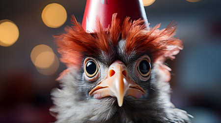 Close up of the head of a chicken wearing a red hat.の素材