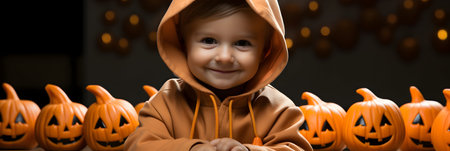 Cute little boy in halloween costume with pumpkins on dark backgroundの素材