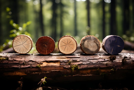 Pile of sawn tree trunks on a forest floor.の素材