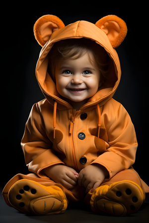 Cute little boy in a raincoat on a black background.の素材