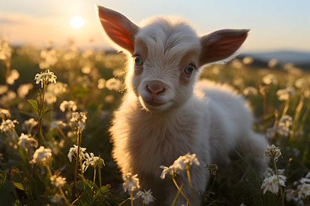 Cute baby goat in the meadow with flowers at sunset.の素材