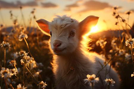 Cute baby goat on meadow at sunset, close-upの素材