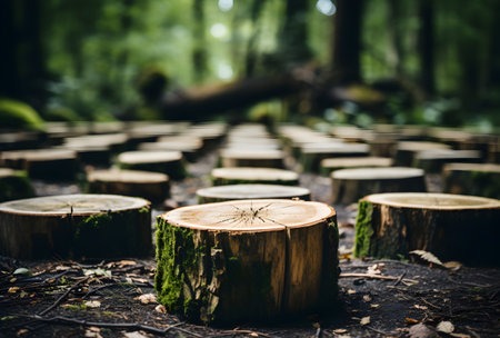 Pile of sawn tree trunks on the ground in the forestの素材