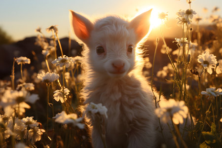 Cute little lamb on the meadow at sunset, closeupの素材