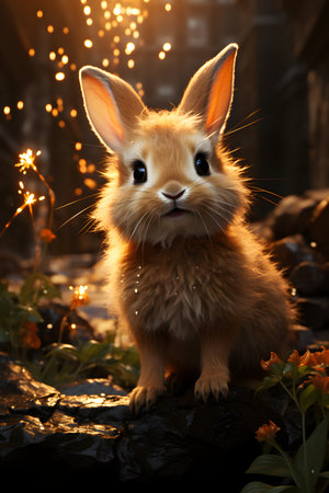 Rabbit on the background of the night city with a garlandの素材