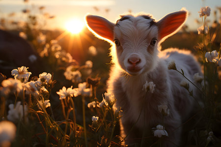 Cute baby goat in the meadow with flowers at sunset.の素材