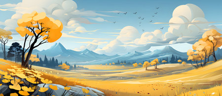 Autumn landscape with trees, fields and mountains. Vector illustration.の素材