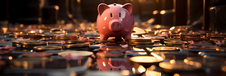 Piggy bank and coins on a dark background. 3d renderingの素材