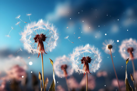 Dandelion seeds flying in the wind. 3d illustration.の素材