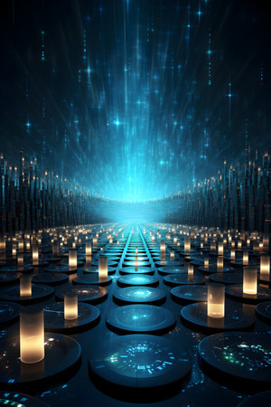 abstract technology background with glowing lines and bokeh, 3d renderの素材