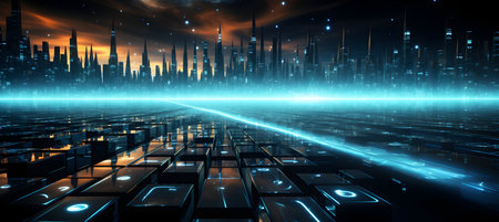 Futuristic city at night with neon lights. 3d renderingの素材