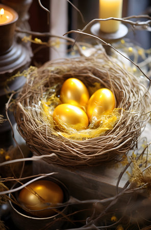 Golden Easter eggs in a basket with branches and candles on the backgroundの素材