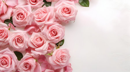 Pink roses on a white background with copy space. Top view.の素材