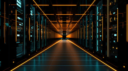 3D rendering of server room data center hallway with neon lights.の素材