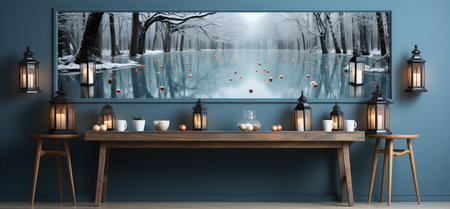 Interior of the living room with a blue wall, a wooden bench, a table with candles and lanterns. 3d renderingの素材