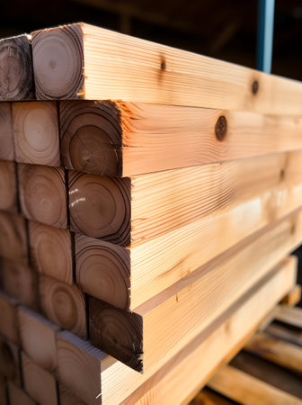 Wooden boards are stacked in the warehouse of the building materials.の素材